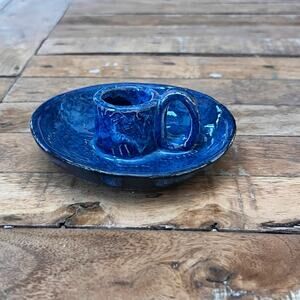 Mid-Century Modern Ceramic Chamberstick Deep Blue Glaze Finish